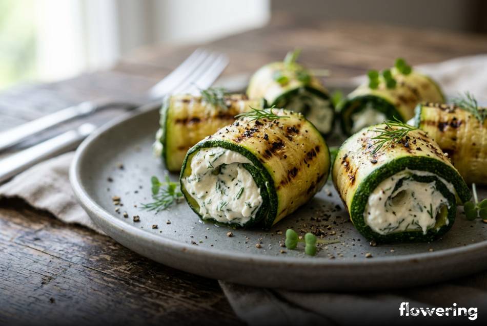 Ruloniki z grillowanej cukinii faszerowane białym serkiem z koperkiem