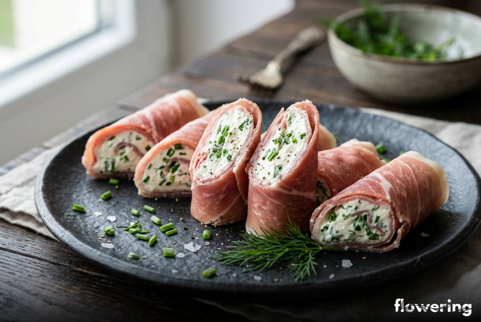 Ukośnie krojone ruloniki z szynki parmeńskiej z serkiem i szczypiorkiem