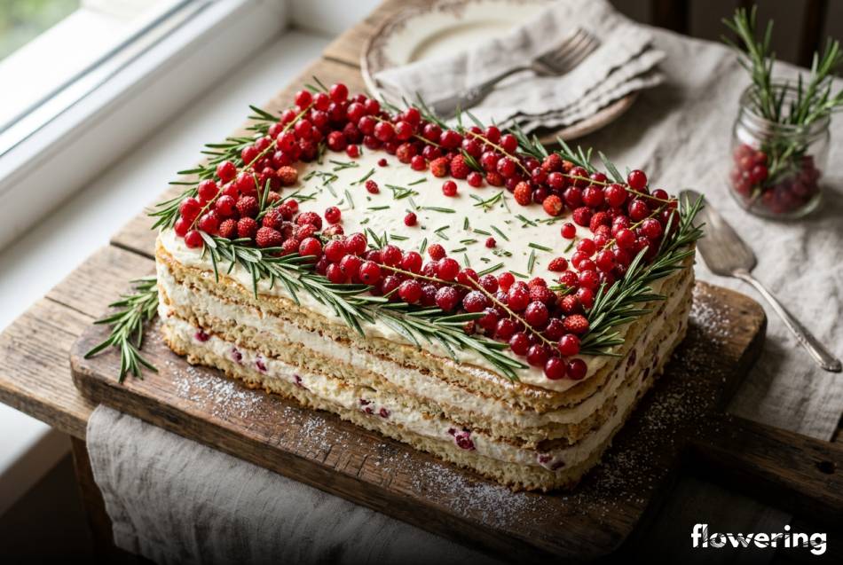 Rustykalna dekoracja z porzeczek i rozmarynu na prostokątnym torcie