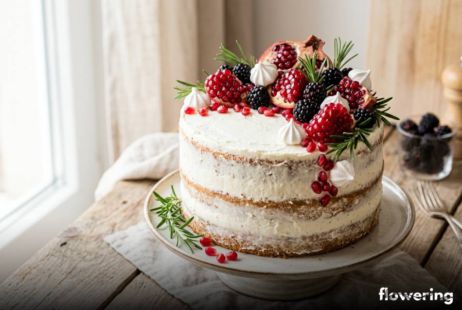 Rustykalny naked cake z granatem jeżynami i bezami