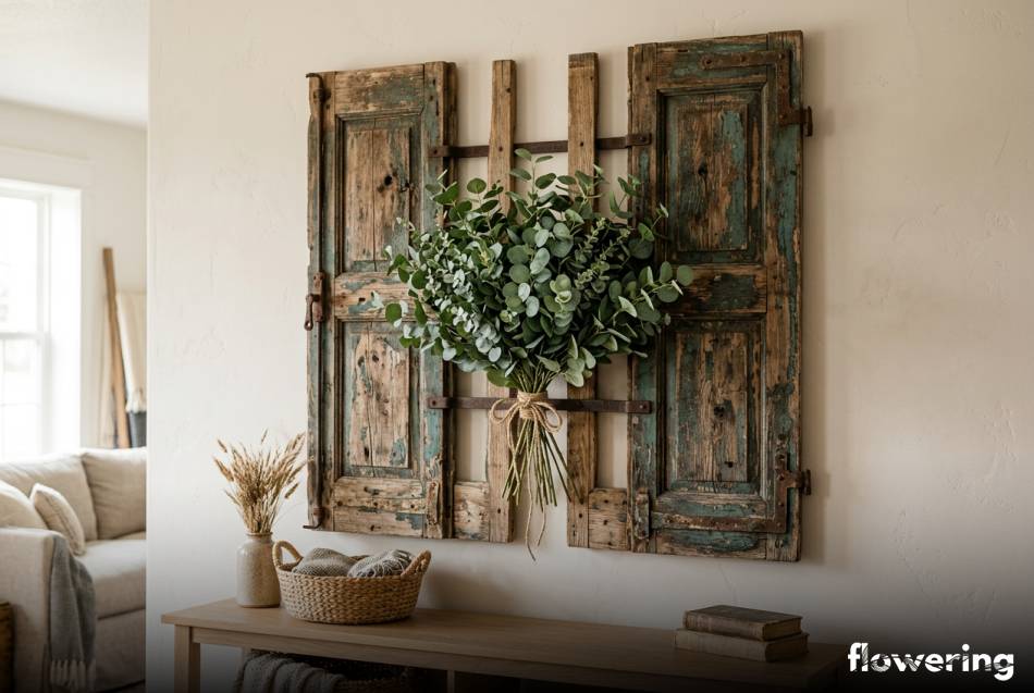 Stare okiennice ze sztucznym eukaliptusem na jasnej scianie