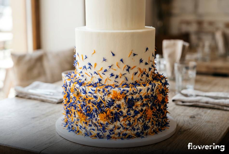 Suszone płatki chabru i nagietka na białym torcie