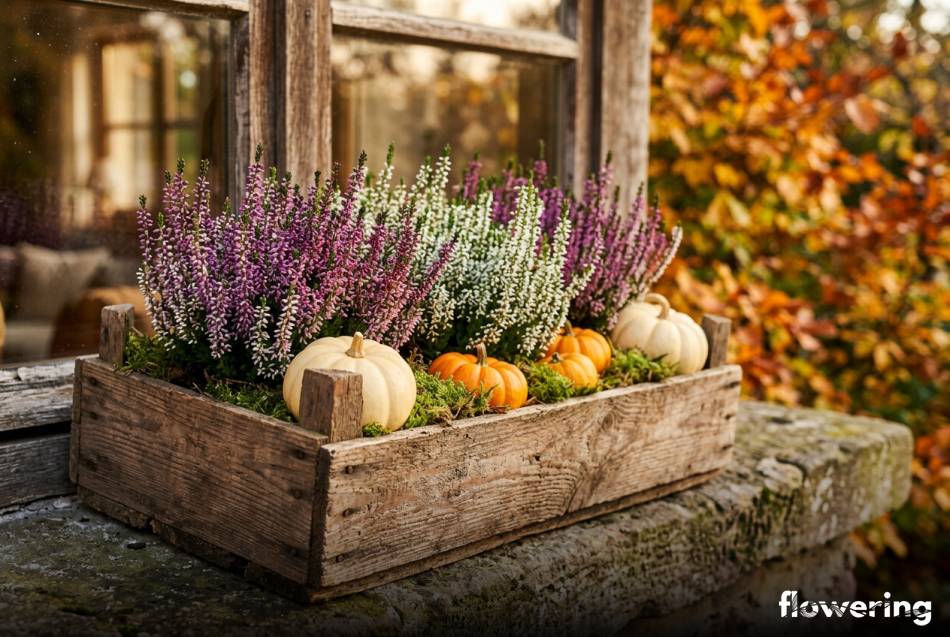 Rustykalna drewniana skrzynka z wrzosami i dyniami na parapecie