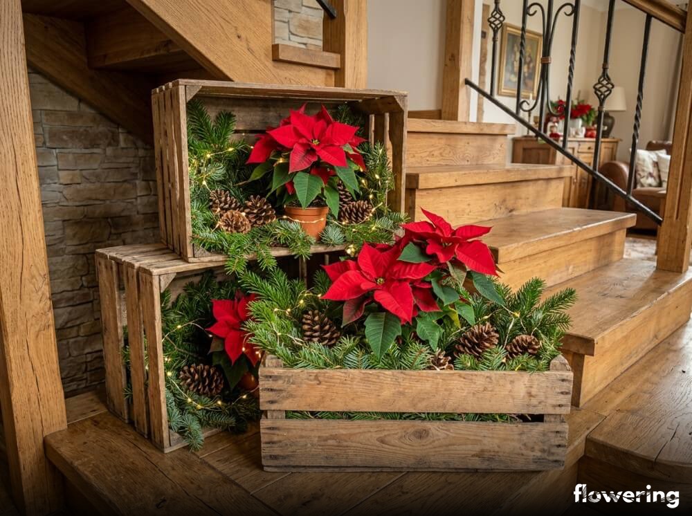 Rustykalne drewniane skrzynki z czerwoną gwiazdą betlejemską na spoczniku