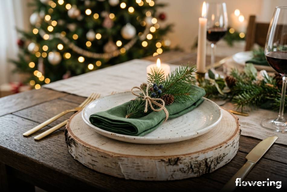 Rustykalne podkładki z plastra brzozy na wigilijnym stole