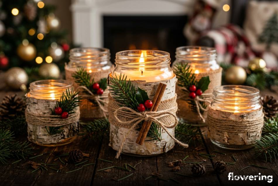 Rustykalne świeczniki ze słoików ozdobione naturalną korą i jutą