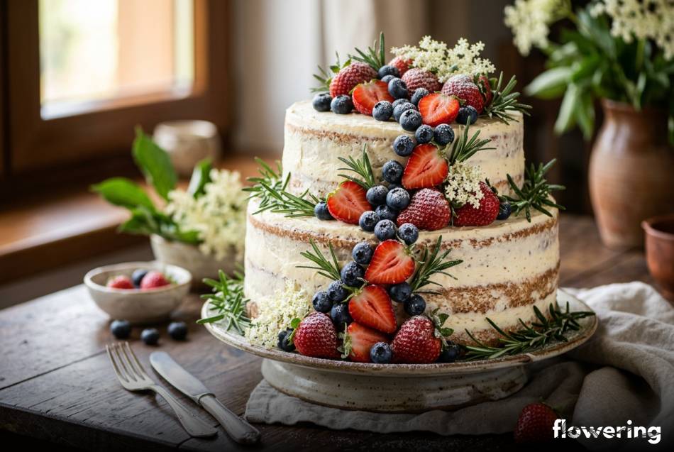 Rustykalny tort naked cake z truskawkami borówkami i rozmarynem