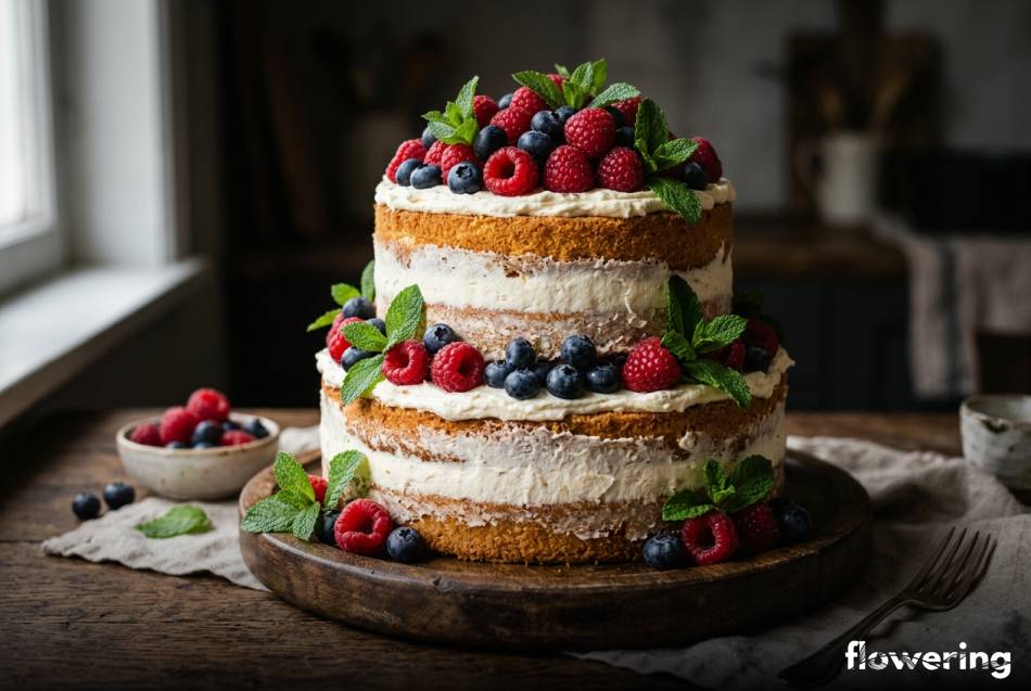Rustykalny piętrowy naked cake z malinami i borówkami
