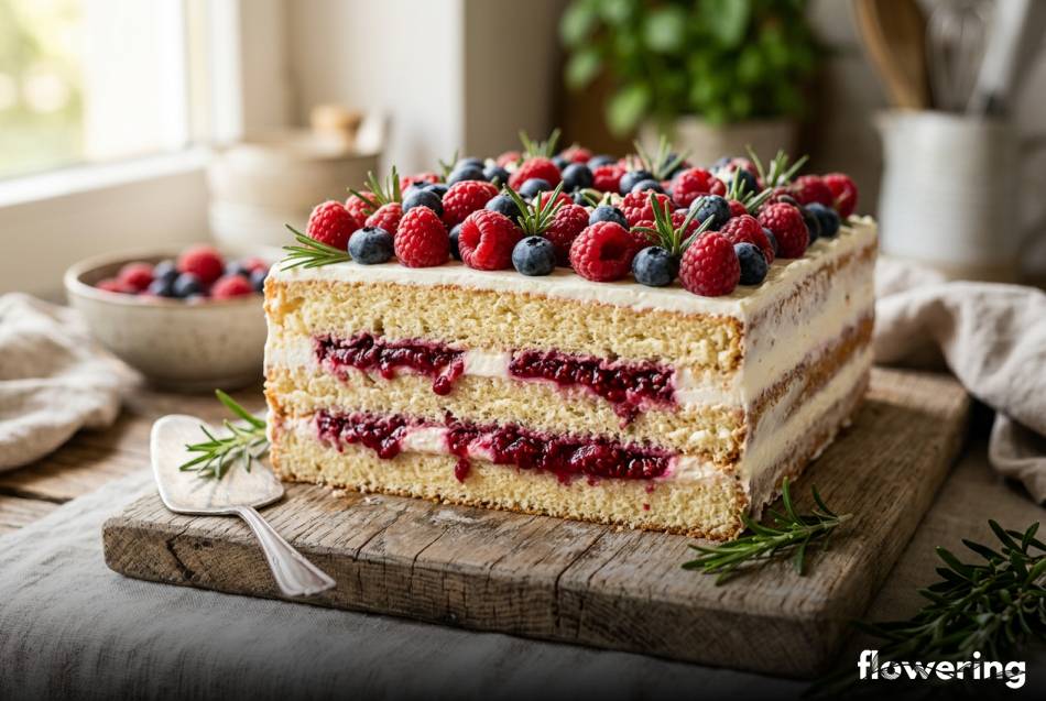 Rustykalny prostokątny naked cake z malinami i rozmarynem