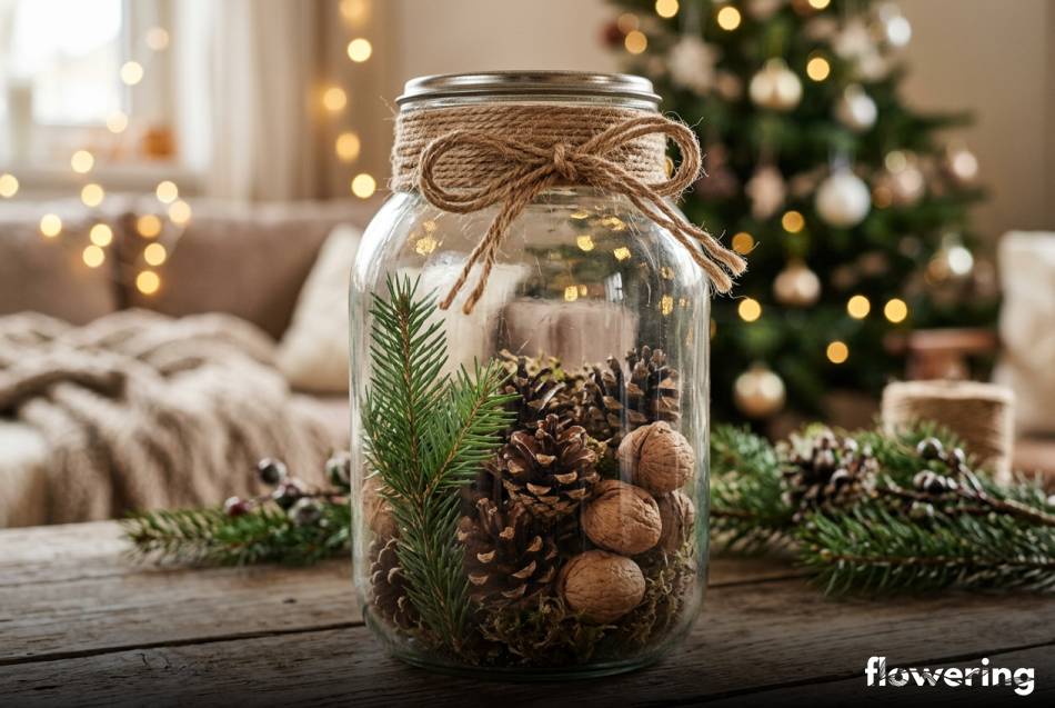 Rustykalny słoik z szyszkami i orzechami przewiązany sznurkiem jutowym