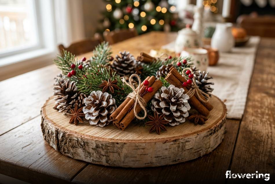 Rustykalny stroik na plastrze drewna z szyszkami i cynamonem