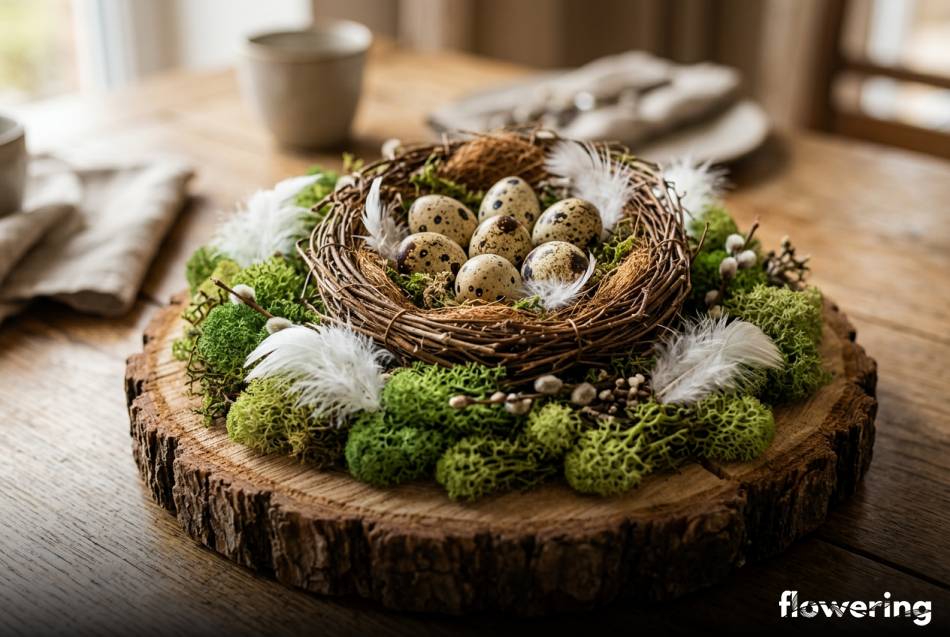 Rustykalny stroik wielkanocny na plastrze drewna z mchem chrobotkiem