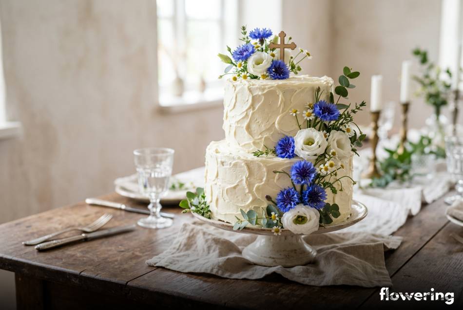 Rustykalny biały tort komunijny z niebieskimi chabrami i eustomą