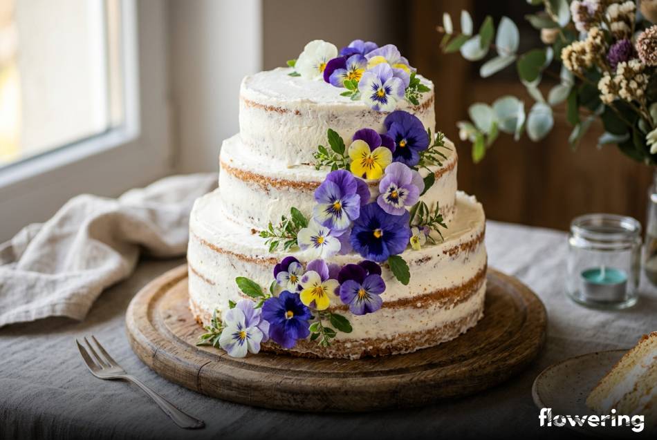 Tort semi-naked z bitą śmietaną i jadalnymi bratkami