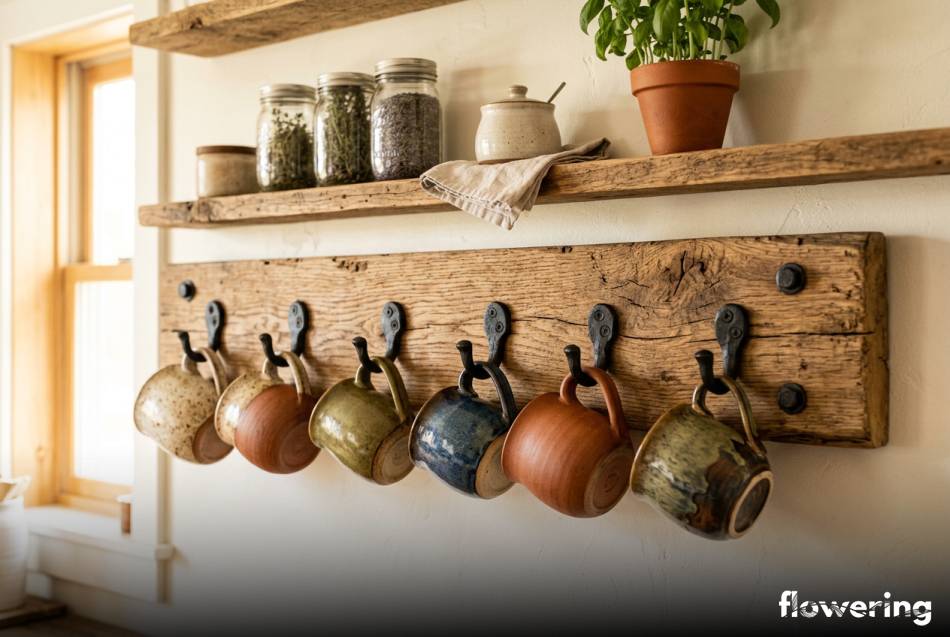 Rustykalny wieszak na kubki z surowej deski na ścianie