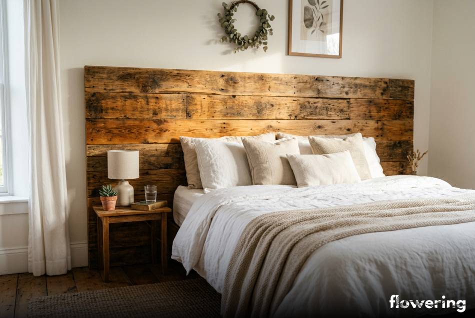 Rustykalny zagłówek z palet w przytulnej sypialni