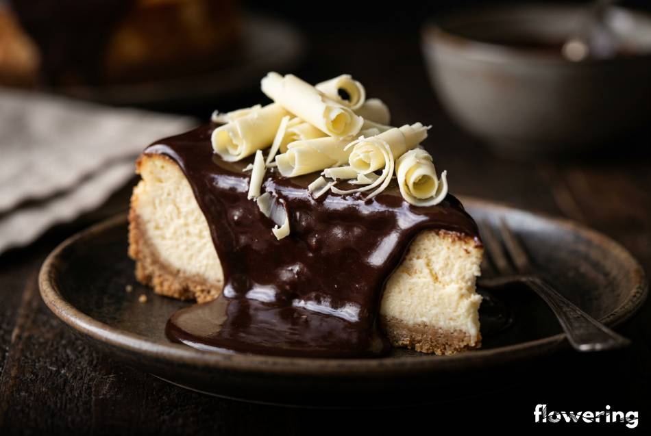 Sernik z lśniącą polewą ganache i wiórkami białej czekolady