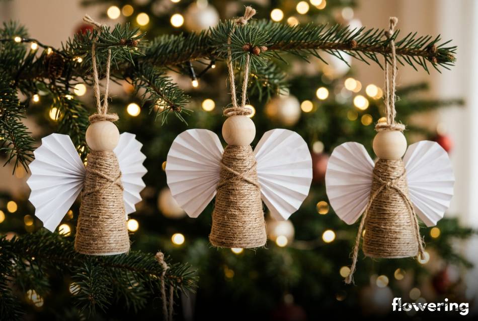 Skandynawskie aniołki choinkowe z rolek papieru i sznurka jutowego