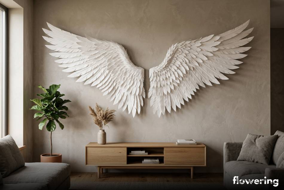 Duże papierowe skrzydła anioła zawieszone na ścianie w salonie