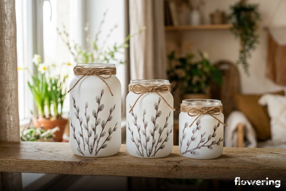 Białe słoiczki wielkanocne z motywem bazi wykonane techniką decoupage