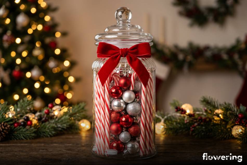 Dekoracyjny słoik z laskami cukrowymi i mini bombkami