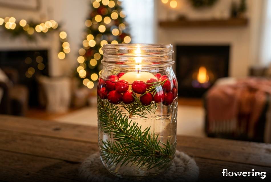 Stroik w słoiku z pływającą świeczką oraz czerwoną żurawiną