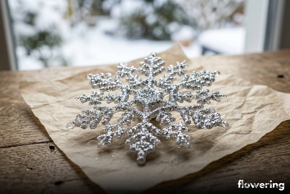 Srebrne śnieżynki z gorącego kleju na zimowym oknie