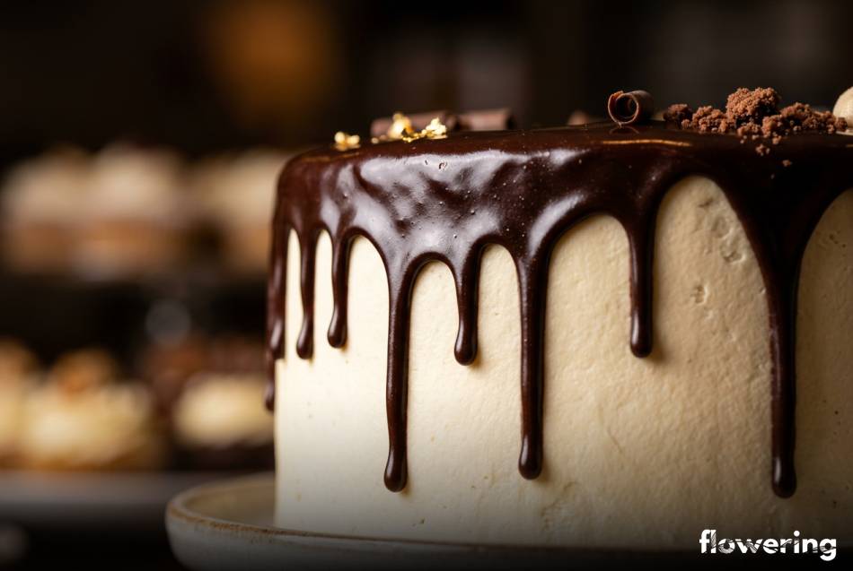 Lśniące sople czekoladowego ganache spływające po białym boku tortu