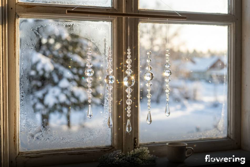 Lodowe sople z przezroczystych koralików zawieszone na oknie
