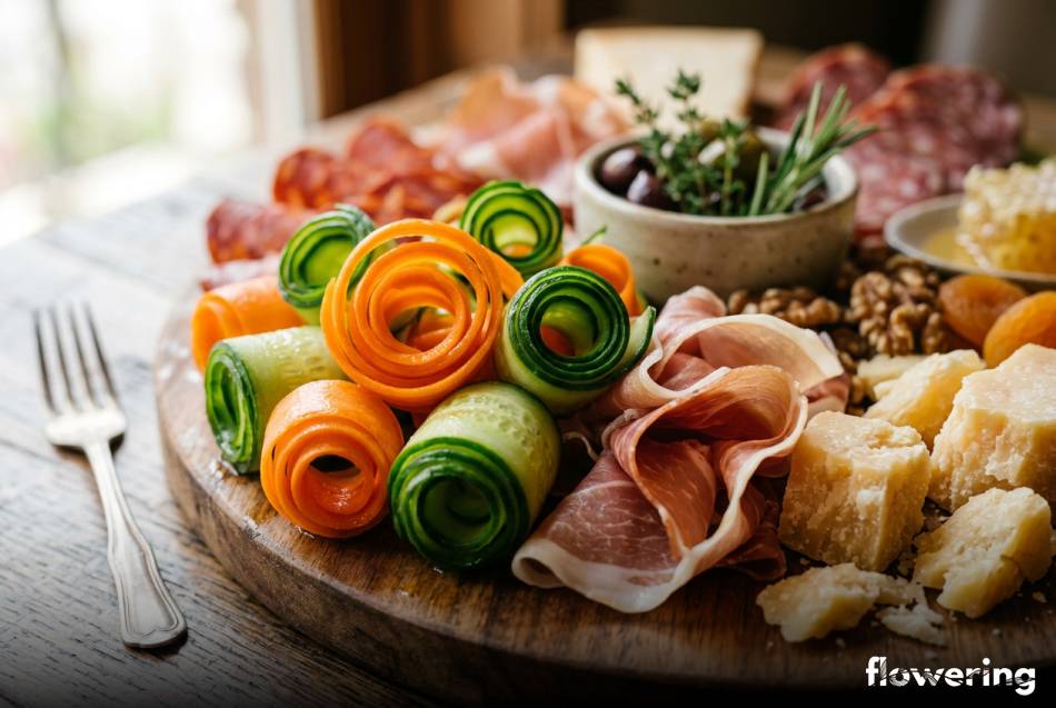 Spirale z marchewki i ogórka na desce wędlin