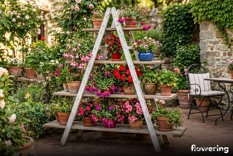 Kwietnik z drewnianej drabiny z fuksjami i begoniami