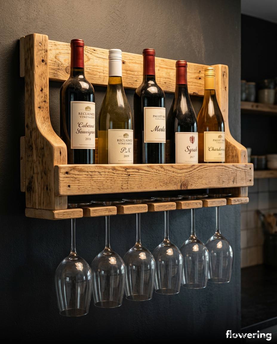 Rustykalny stojak na wino z dociętych palet na ścianie