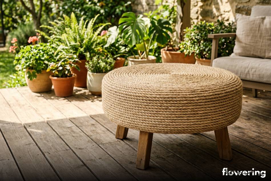 Stolik kawowy z opony i sznurka sizalowego na tarasie