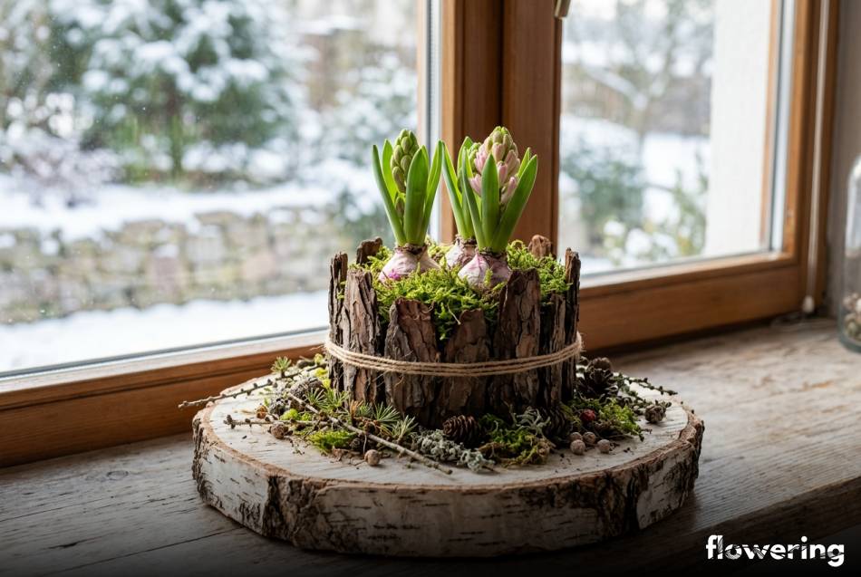 Stroik na brzozowym plastrze z hiacyntami i korą na parapecie