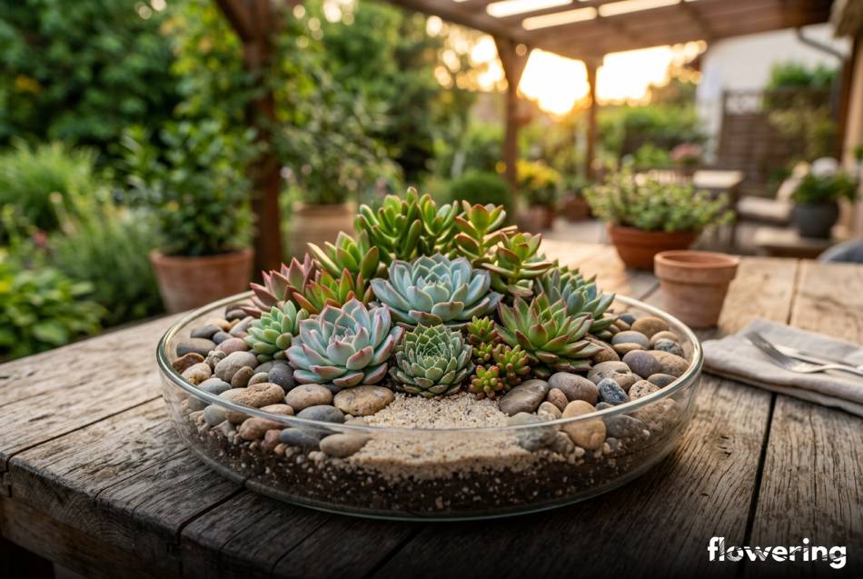 Szklana misa z sukulentami i polnymi kamieniami na tarasie