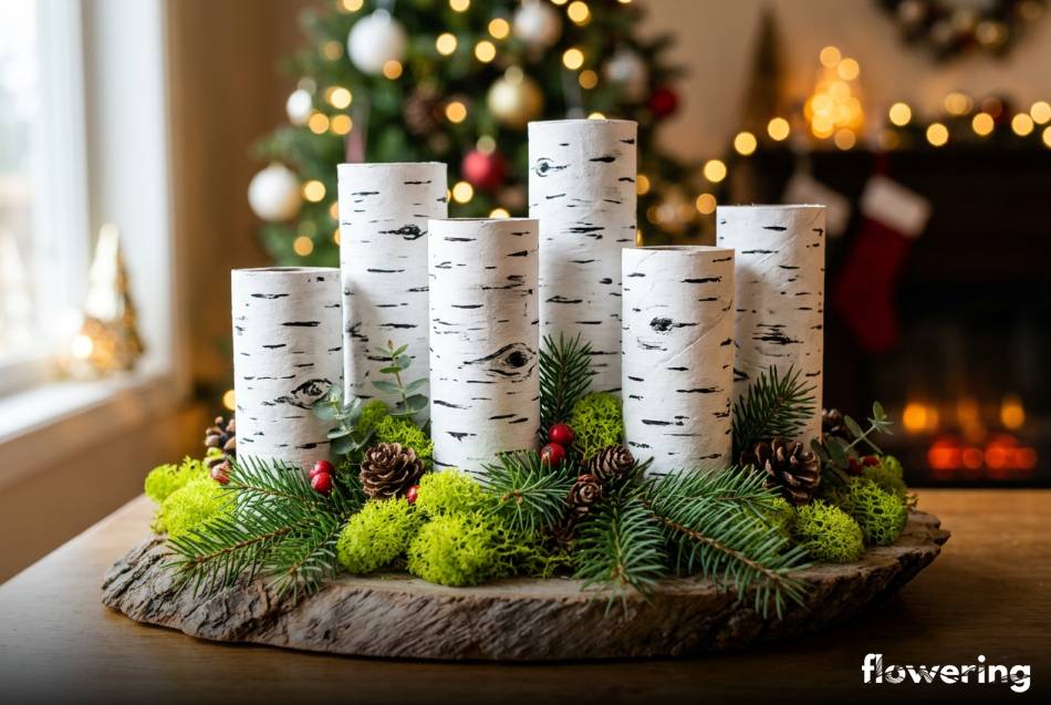 Stroik bożonarodzeniowy z rolek imitujących brzozę i mchu
