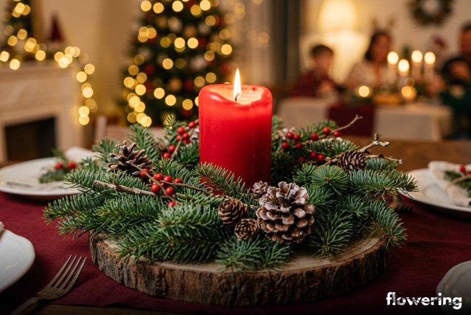 Klasyczny stroik świąteczny ze świerku i szyszek z czerwoną świecą