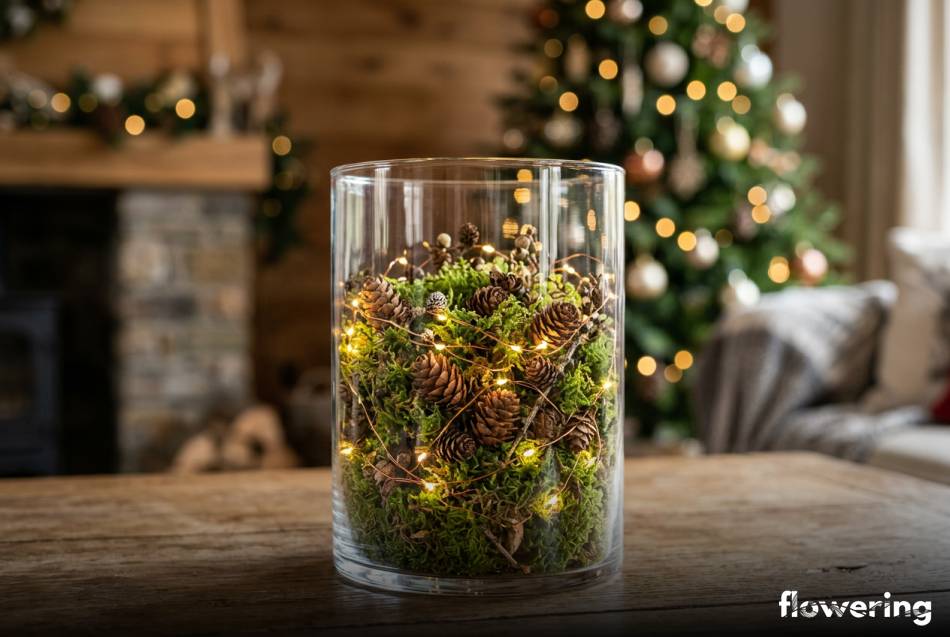 Elegancki stroik w szklanym wazonie z mchem i szyszkami modrzewia