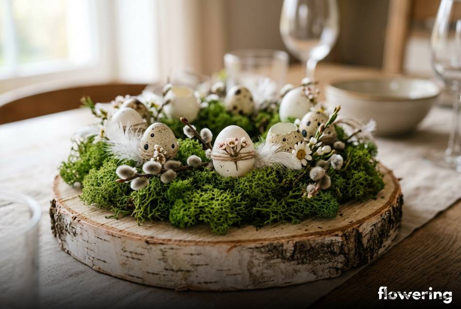 Wielkanocny stroik na plastrze brzozy z chrobotkiem i wydmuszkami
