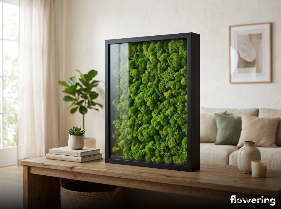 Stroik z zielonym mchem chrobotkiem w szklanej ramie