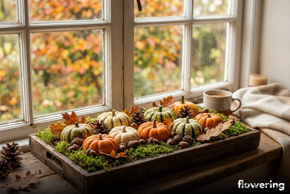 Stroik z miniaturowych dyń i mchu na drewnianej tacy