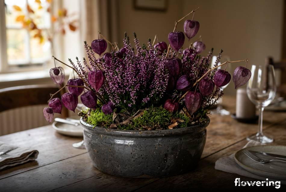 Purpurowe miechunki i wrzosy w ciemnej ceramicznej donicy