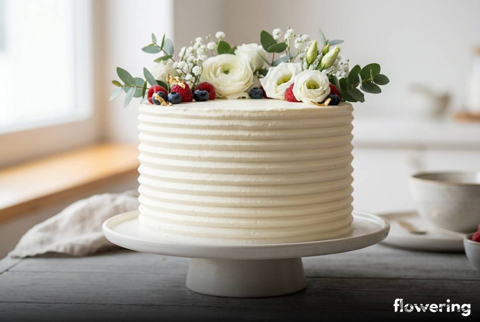 Biały tort ze strukturalnym wzorem wykonanym grzebieniem cukierniczym