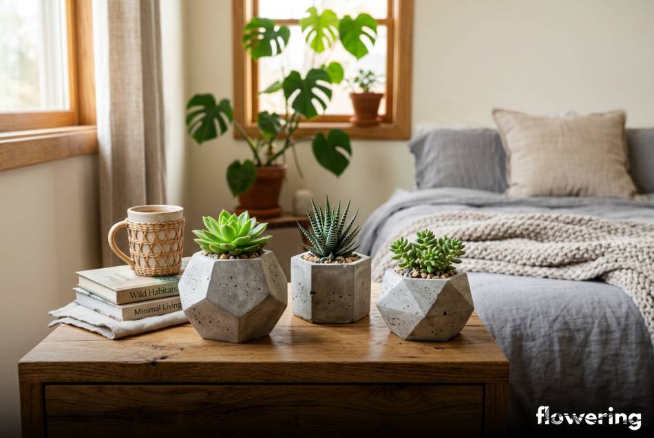 Betonowe doniczki z sukulentami na szafce w sypialni