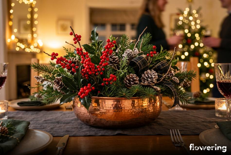 Elegancka kompozycja z czerwonym ostrokrzewem w miedzianej misie