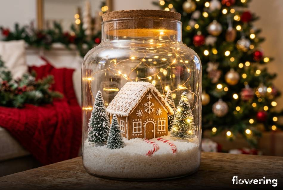 Świąteczna wioska w słoiku z małym domkiem z piernika