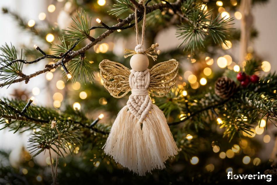 Makramowy aniołek z jasnego sznurka ze złotymi skrzydłami na choince