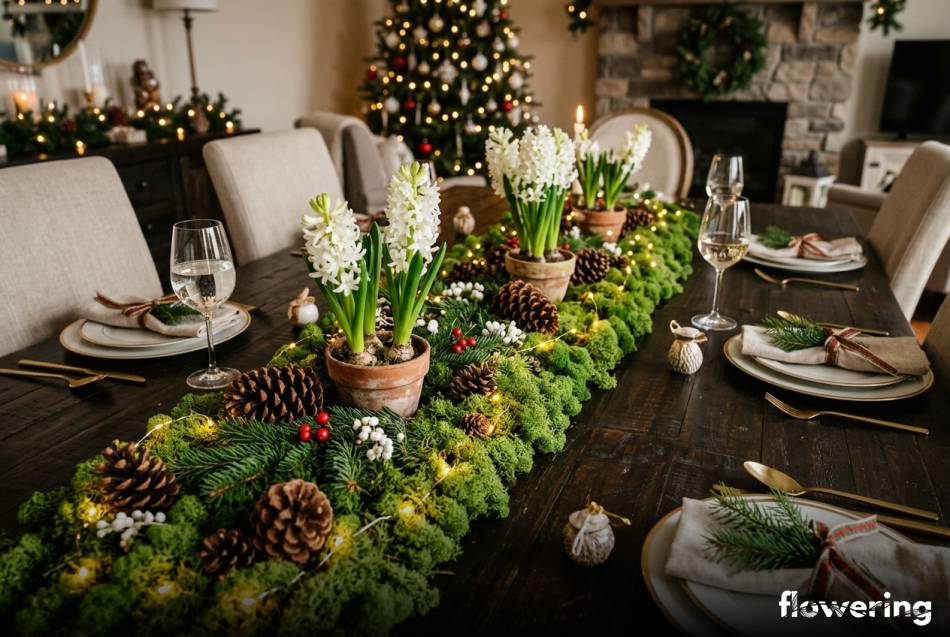 Świąteczny bieżnik z mchu chrobotka szyszek i białych hiacyntów