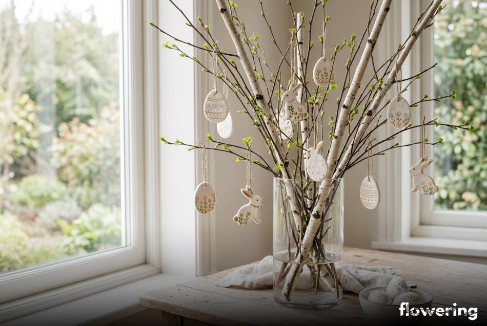 Wielkanocny bukiet z gałązek brzozy z ręcznie robionymi białymi zawieszkami