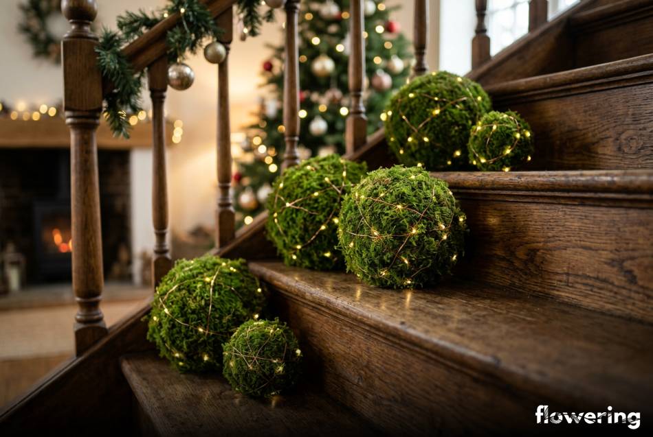 Świecące kule z zielonego chrobotka na drewnianych schodach